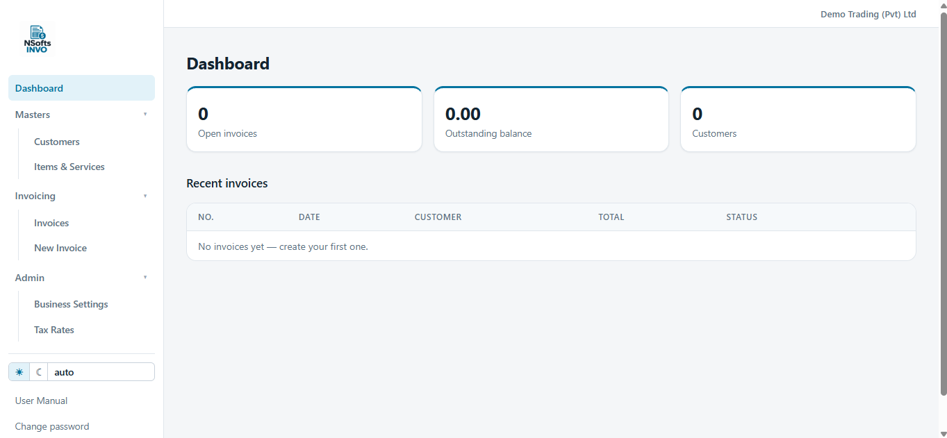 Invo dashboard — open invoices, outstanding balance and recent activity