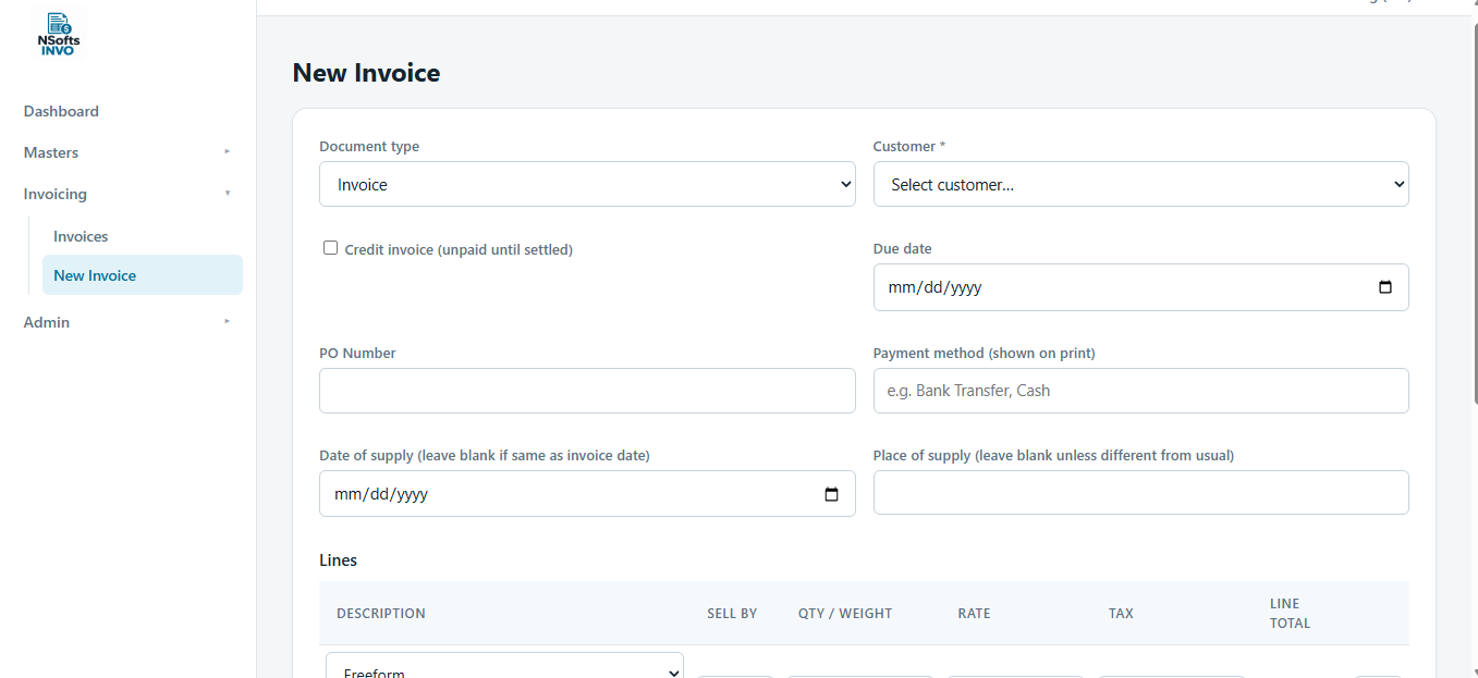 Invo new invoice screen with customer, due date and line items
