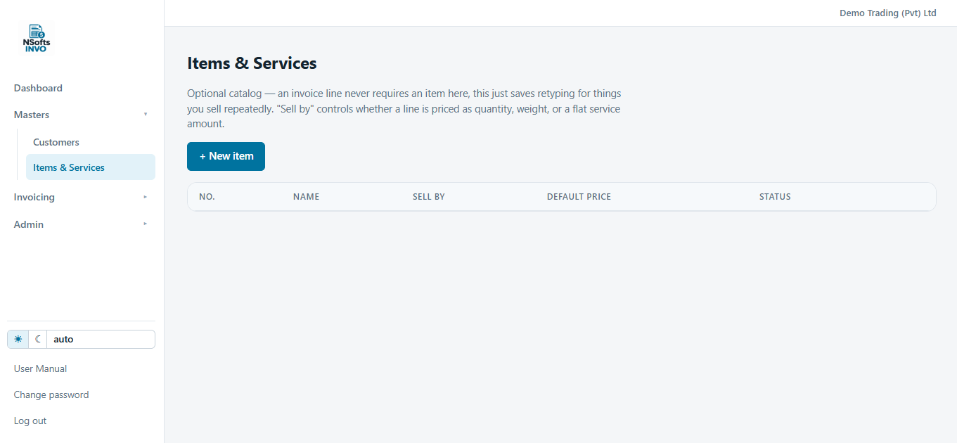 Invo items and services catalog