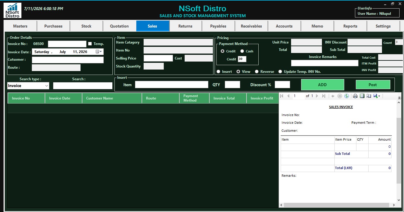 NsoftDistro sales screen